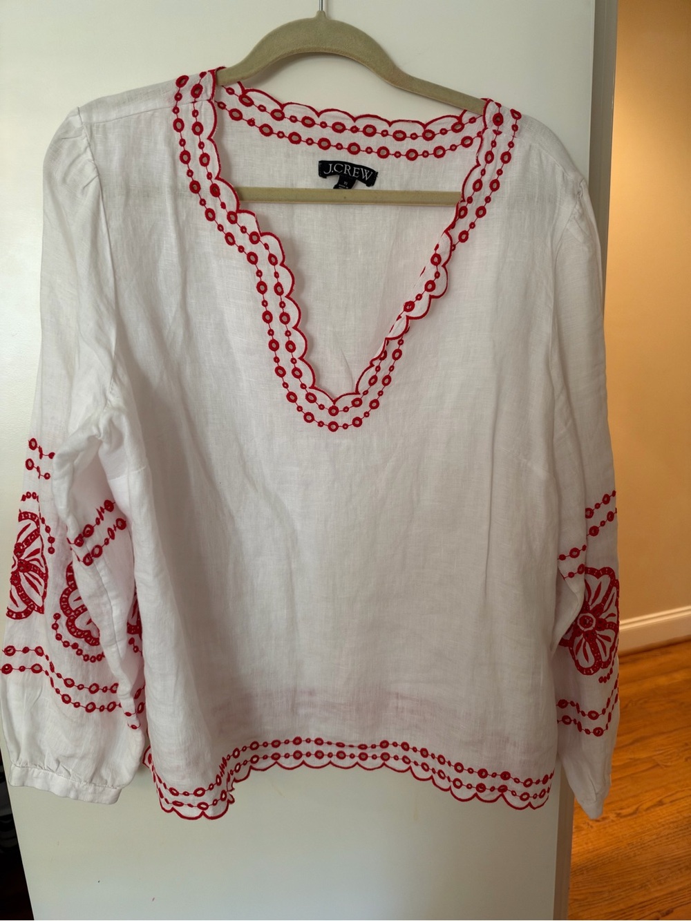 J. Crew White Linen Tunic with Red Embroidered Accents